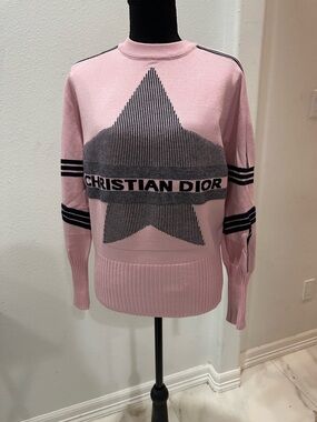 Dior Pink Knit Sweater with Star Logo and Black Stripes